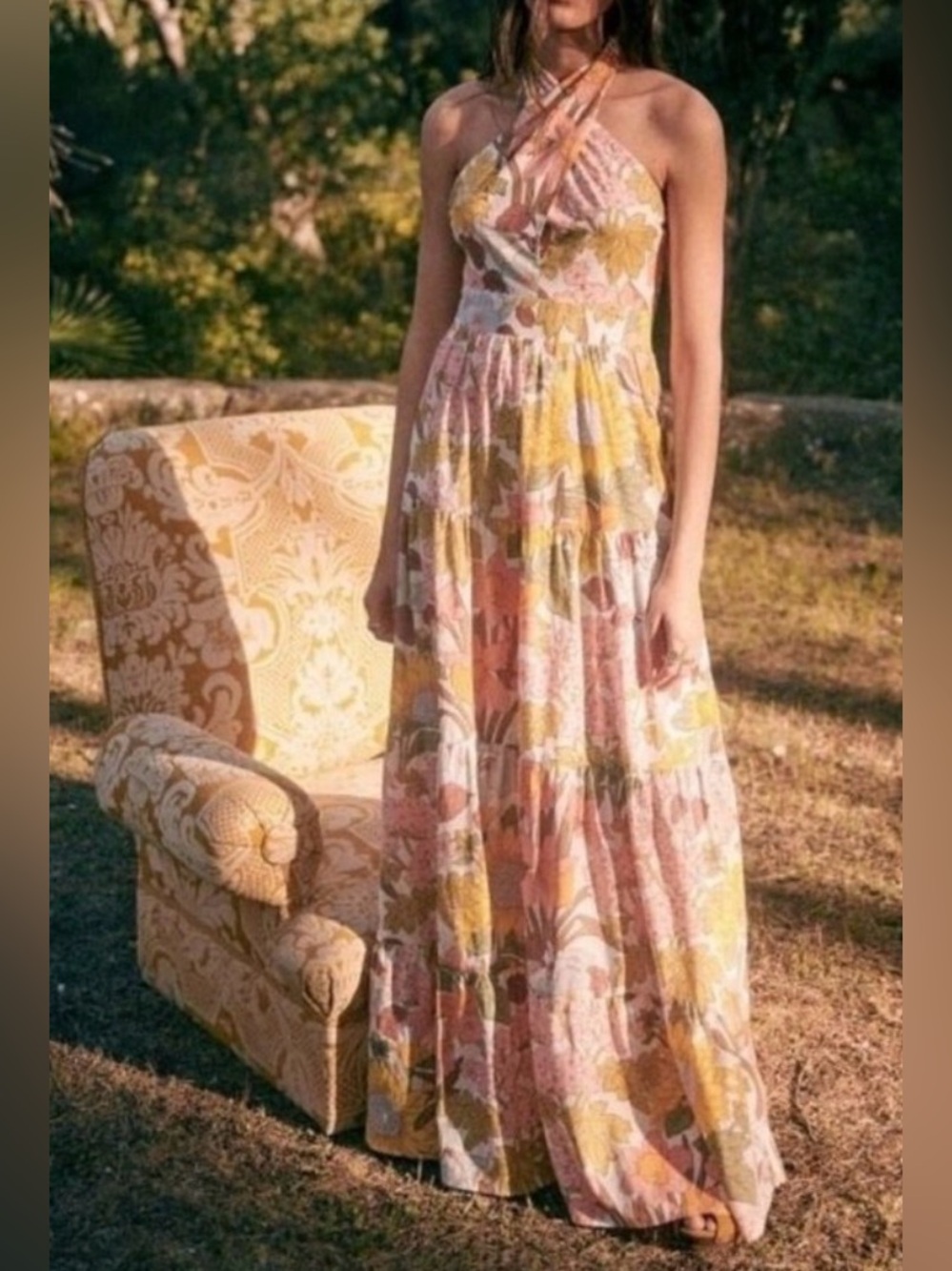 Sezane Billie Boho Floral Halter Maxi Dress